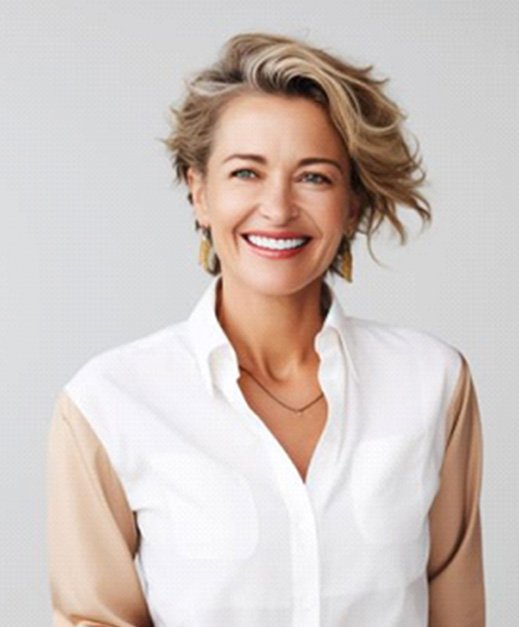 Portrait of smiling middle-aged woman wearing white blouse